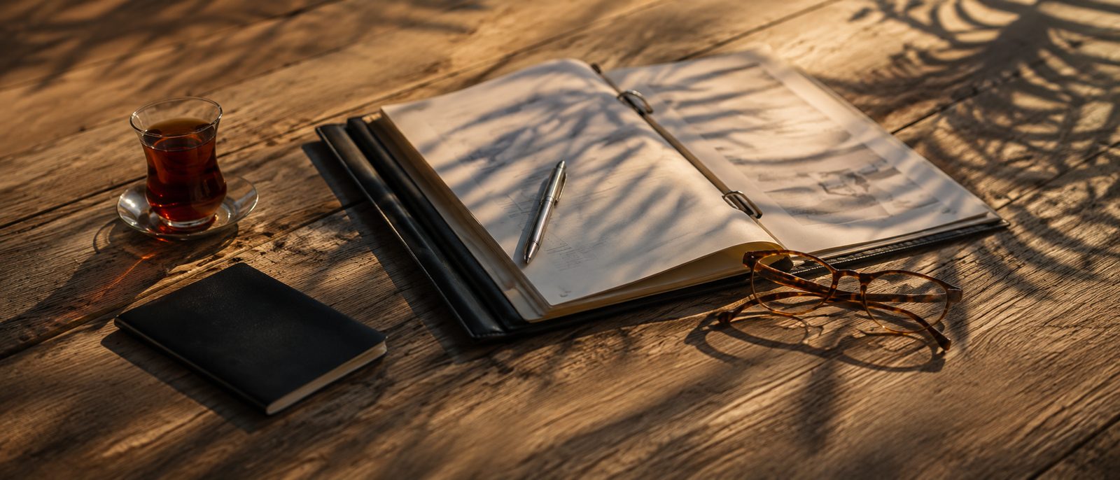 Ein aufgeschlagenes Notizbuch mit Stift und Lesebrille auf einem Holztisch im Abendlicht.