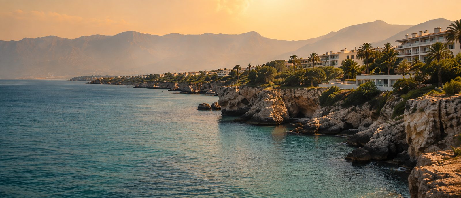 Die Küste von Antalya bei Sonnenuntergang, türkisfarbenes Meer vor Felsen und Bergen.